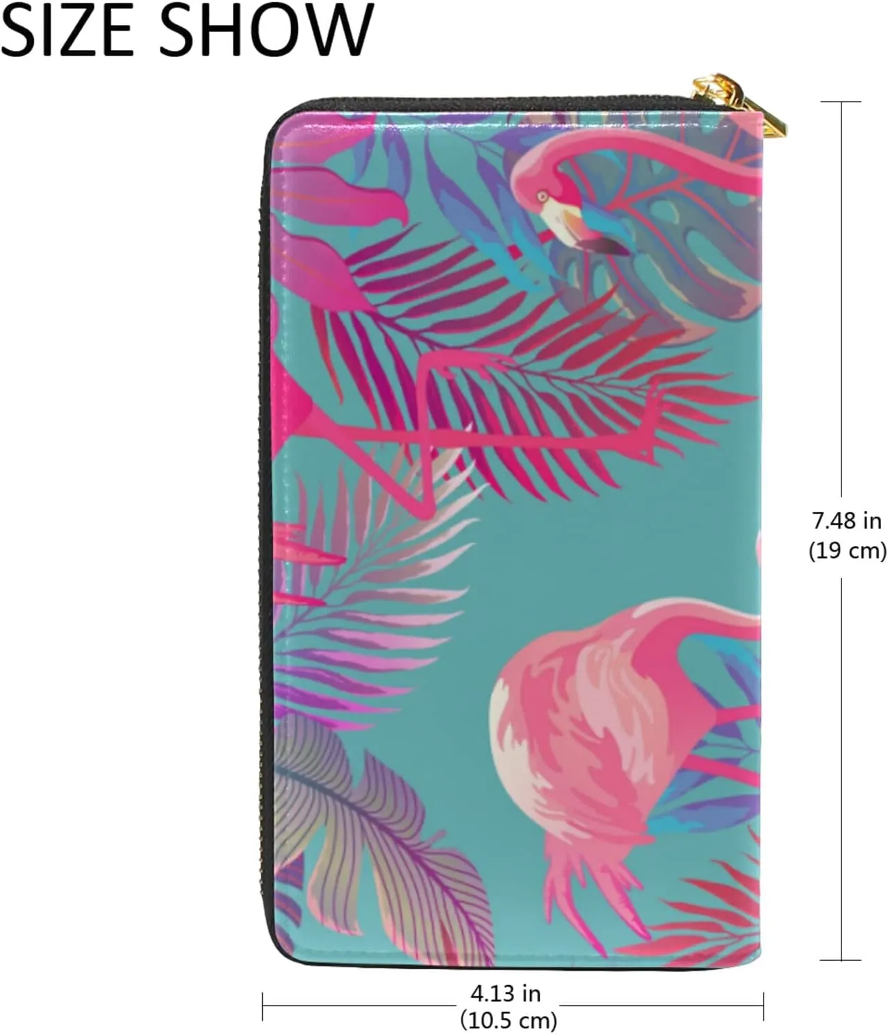 Oyihfvs Seamless Summer Tropical Pink Flamingo and Palm Leaves on Blue Leather Long Wallet Organizer with Zipper Purse Clutch Bag for Women Men