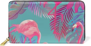 Oyihfvs Seamless Summer Tropical Pink Flamingo and Palm Leaves on Blue Leather Long Wallet Organizer with Zipper Purse Clutch Bag for Women Men