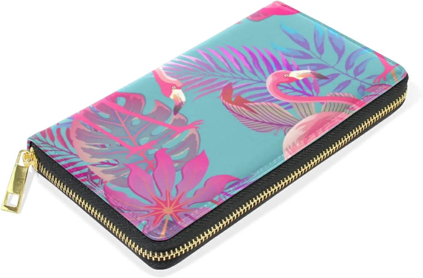 Oyihfvs Seamless Summer Tropical Pink Flamingo and Palm Leaves on Blue Leather Long Wallet Organizer with Zipper Purse Clutch Bag for Women Men