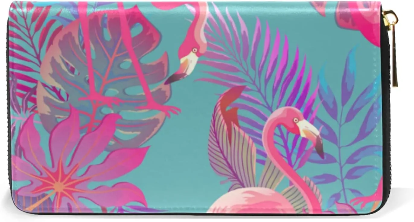Oyihfvs Seamless Summer Tropical Pink Flamingo and Palm Leaves on Blue Leather Long Wallet Organizer with Zipper Purse Clutch Bag for Women Men