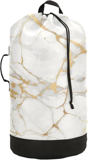 Oyihfvs White Gold Marble Texture with Golden Lines Backpack Laundry Bag, Laundry Backpack with Shoulder Straps, Waterproof Nylon Clothes Hamper Bag for Men Women Yoga Backpack