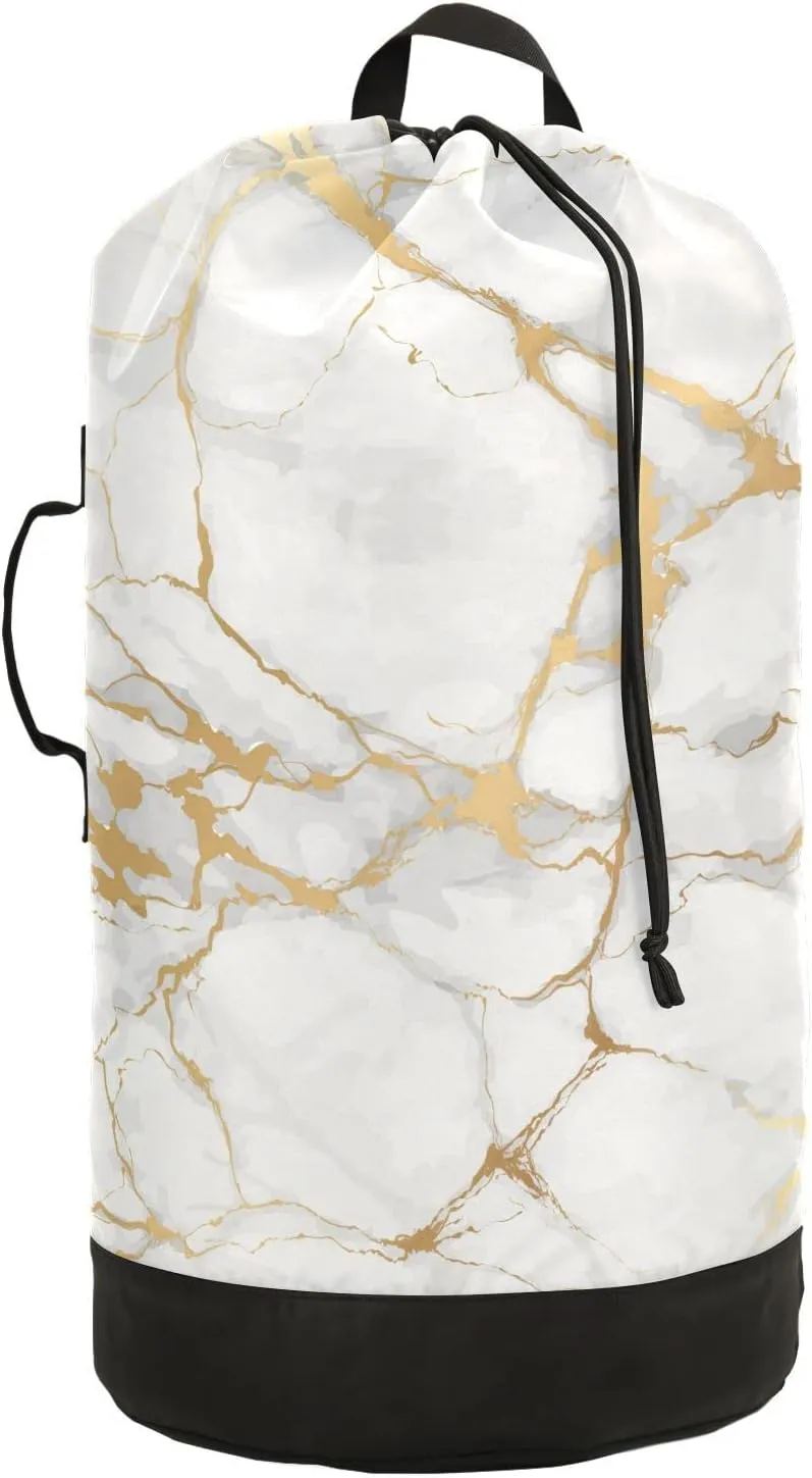 Oyihfvs White Gold Marble Texture with Golden Lines Backpack Laundry Bag, Laundry Backpack with Shoulder Straps, Waterproof Nylon Clothes Hamper Bag for Men Women Yoga Backpack