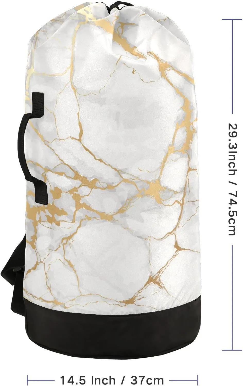 Oyihfvs White Gold Marble Texture with Golden Lines Backpack Laundry Bag, Laundry Backpack with Shoulder Straps, Waterproof Nylon Clothes Hamper Bag for Men Women Yoga Backpack