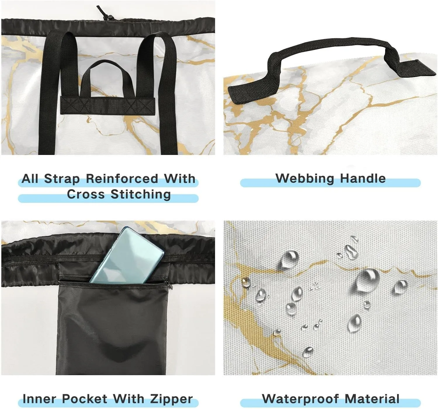 Oyihfvs White Gold Marble Texture with Golden Lines Backpack Laundry Bag, Laundry Backpack with Shoulder Straps, Waterproof Nylon Clothes Hamper Bag for Men Women Yoga Backpack