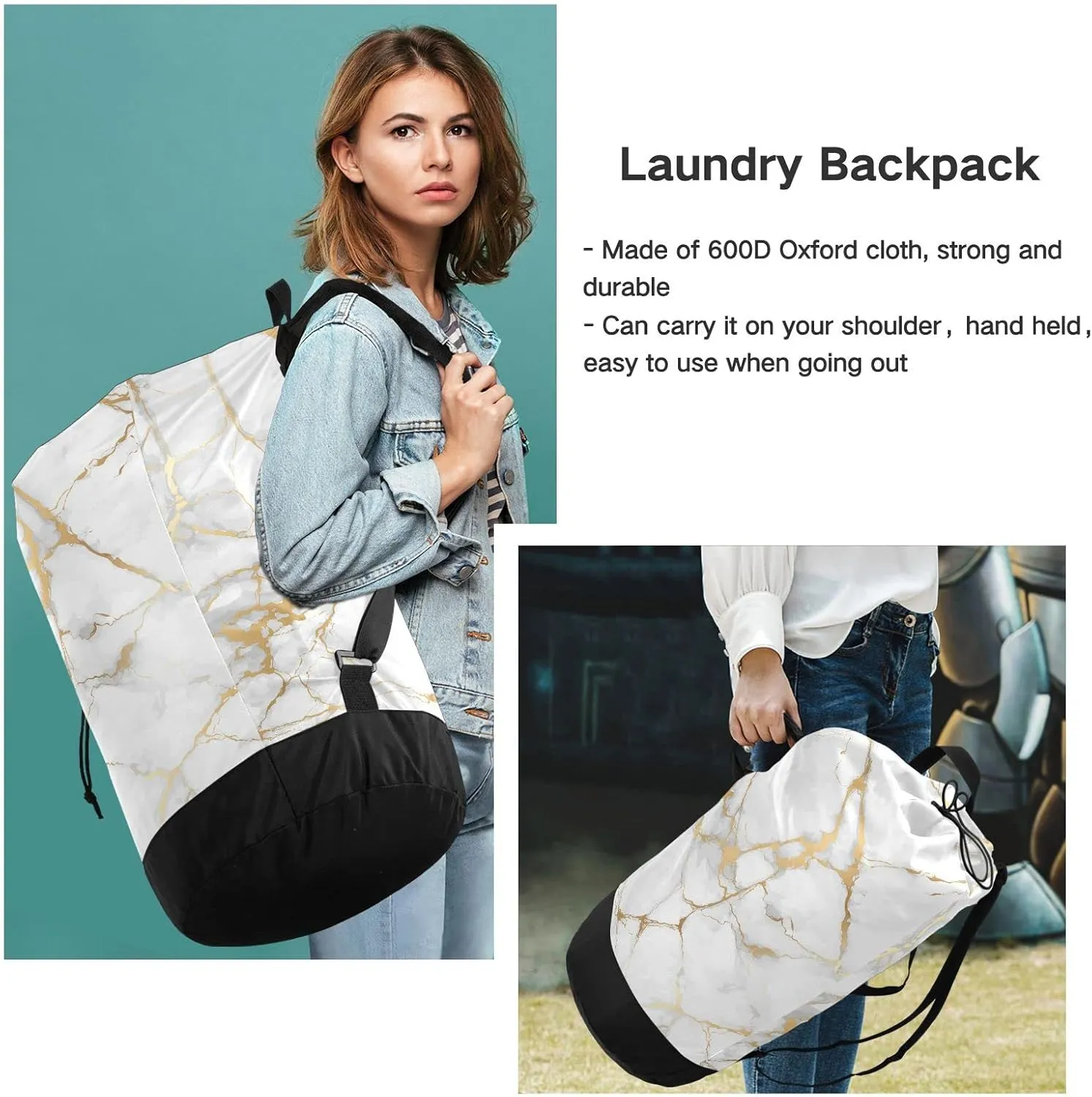 Oyihfvs White Gold Marble Texture with Golden Lines Backpack Laundry Bag, Laundry Backpack with Shoulder Straps, Waterproof Nylon Clothes Hamper Bag for Men Women Yoga Backpack