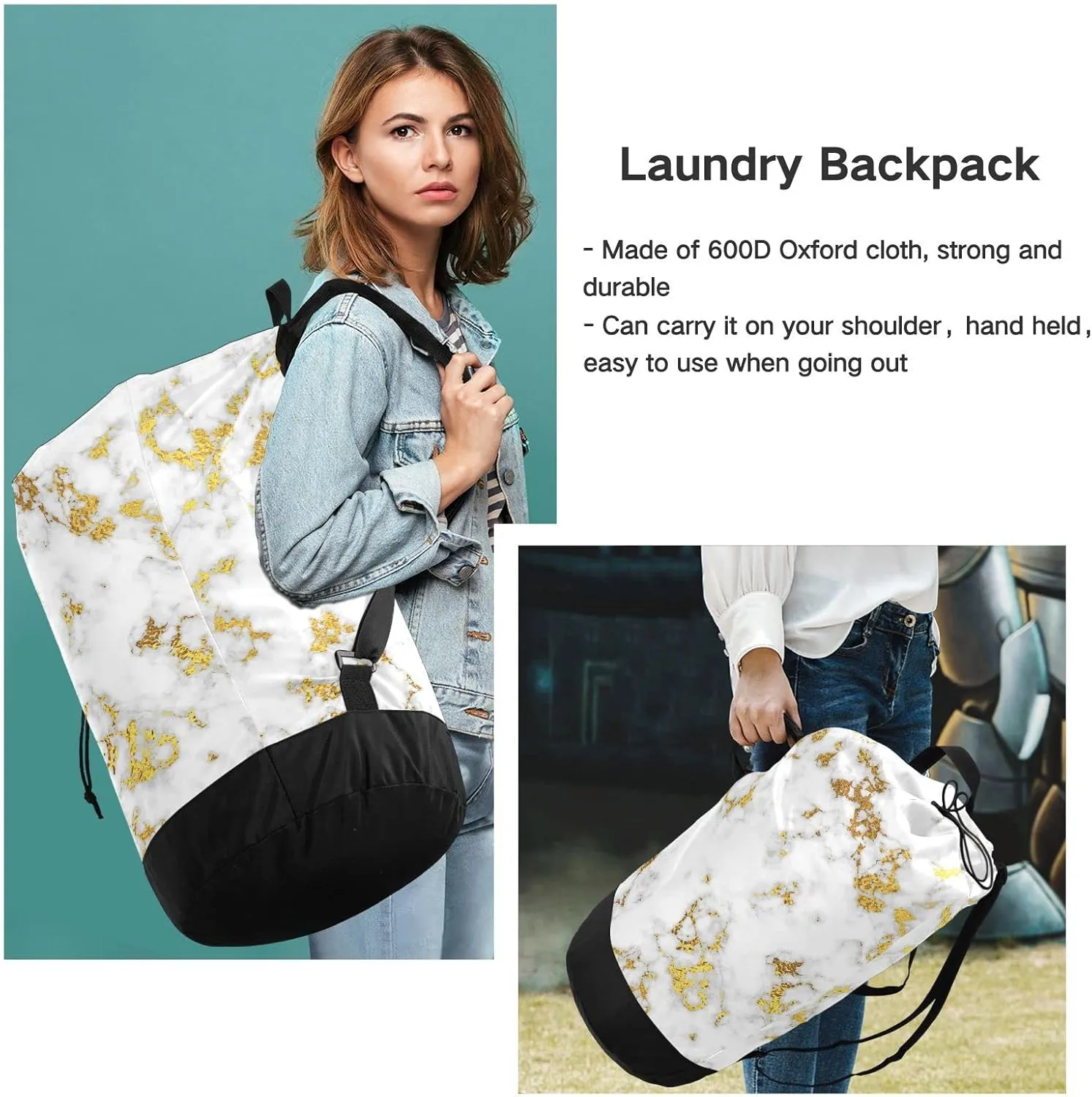 Oyihfvs White Marble Abstract Art with Golden Glitter Texture Backpack Laundry Bag, Laundry Backpack with Shoulder Straps, Waterproof Nylon Clothes Hamper Bag for Men Women Yoga Backpack