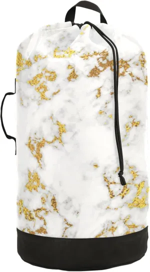 Oyihfvs White Marble Abstract Art with Golden Glitter Texture Backpack Laundry Bag, Laundry Backpack with Shoulder Straps, Waterproof Nylon Clothes Hamper Bag for Men Women Yoga Backpack