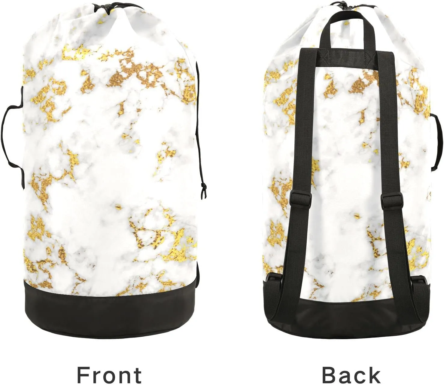 Oyihfvs White Marble Abstract Art with Golden Glitter Texture Backpack Laundry Bag, Laundry Backpack with Shoulder Straps, Waterproof Nylon Clothes Hamper Bag for Men Women Yoga Backpack