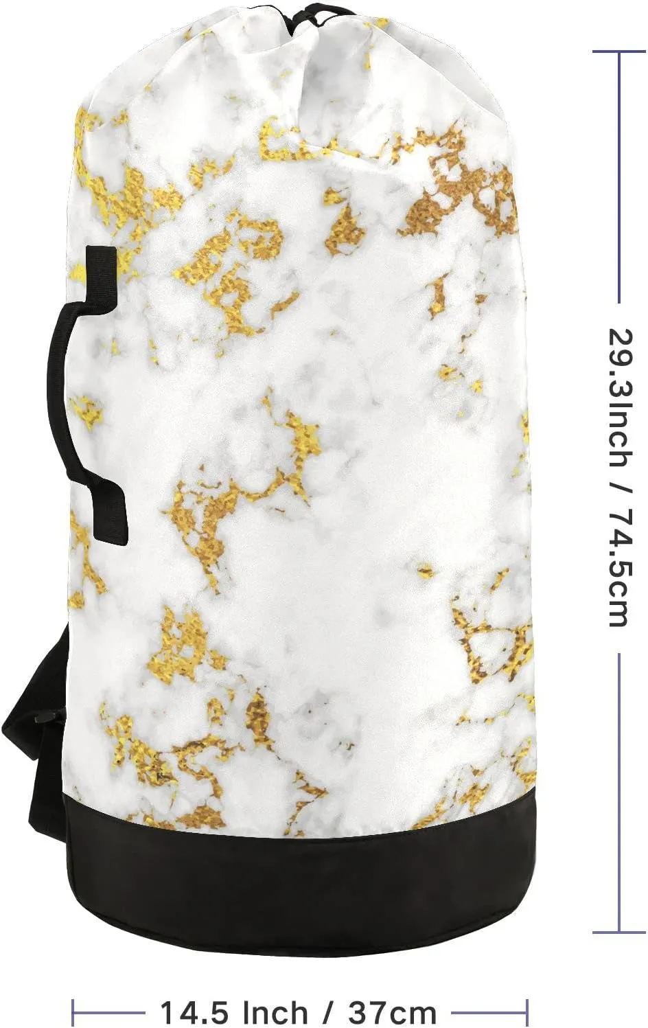 Oyihfvs White Marble Abstract Art with Golden Glitter Texture Backpack Laundry Bag, Laundry Backpack with Shoulder Straps, Waterproof Nylon Clothes Hamper Bag for Men Women Yoga Backpack