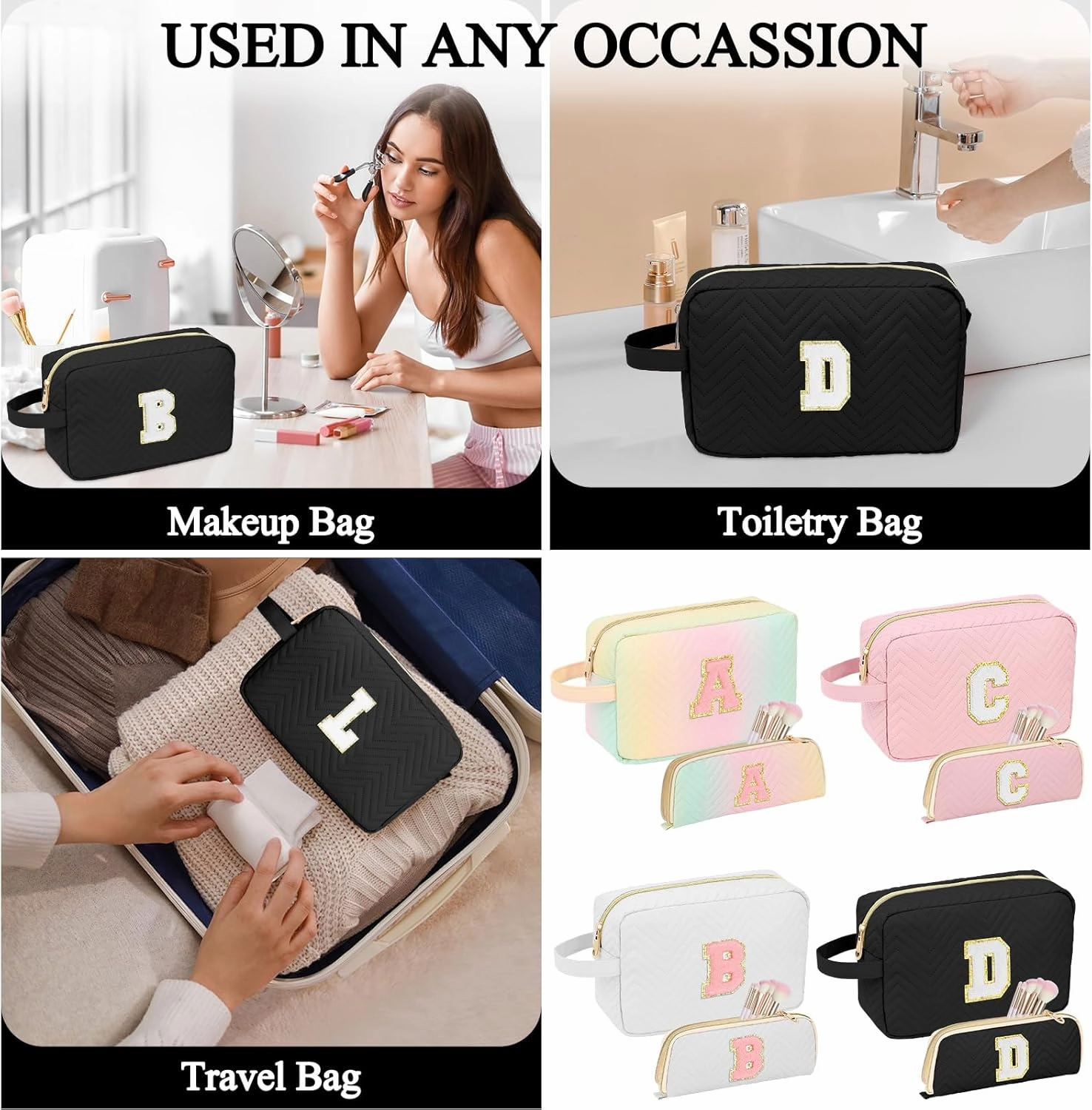 Personalized Initial Makeup Bag Trendy Stuff Leather Waterproof Cosmetic Bag Travel Toiletry Bag, Mother's Day/Birthday/Graduation Gifts Makeup Organizer Case for Women Girls Mom Girlfriend Wife.