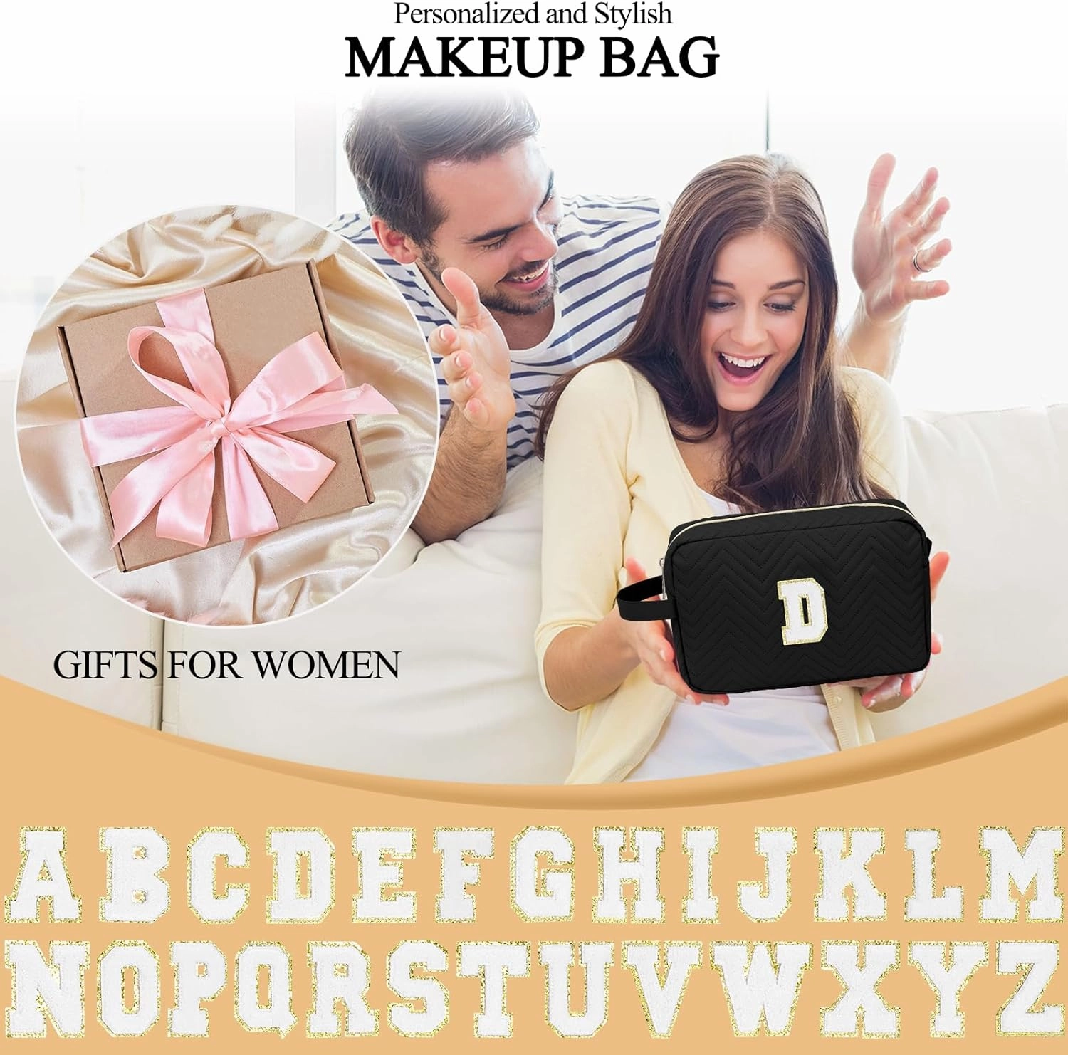 Personalized Initial Makeup Bag Trendy Stuff Leather Waterproof Cosmetic Bag Travel Toiletry Bag, Mother's Day/Birthday/Graduation Gifts Makeup Organizer Case for Women Girls Mom Girlfriend Wife.