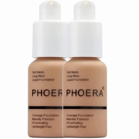 Phoera Foundation Full Coverage Makeup Set - 24hr Long Lasting Oil Control - Soft Smooth Matte Flawless Concealer Cream - Inc x2 30ml Foundation & Silicone Blender Sponge (105 Sand)
