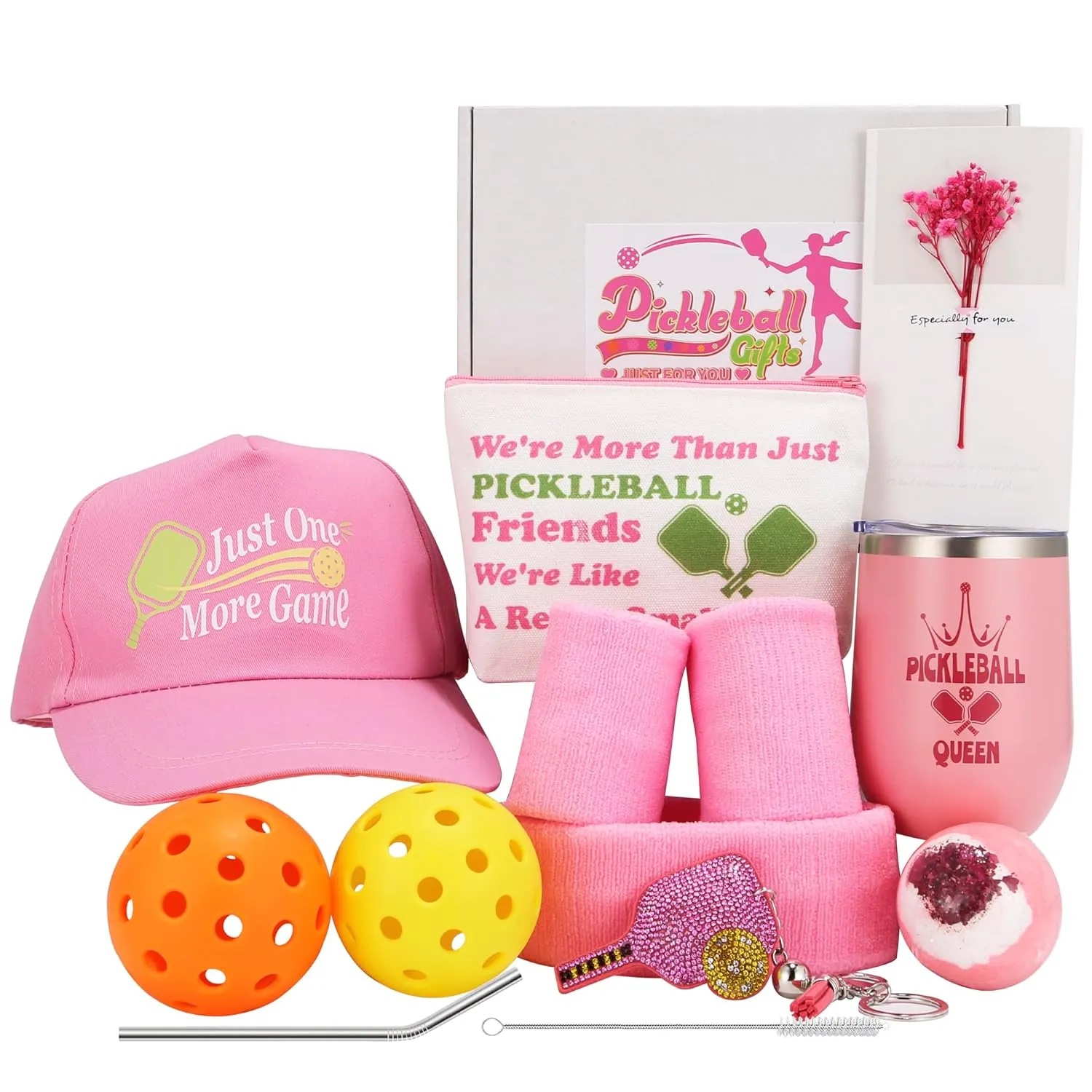 Pickleball Gifts Box for Women, Pink Pickleball Gift Accessories Set for Wife Mom Sister Friends, Cute and Funny PB Gift Basket with Tumbler Cap Keychain & More, Pickle Ball Match Gift - 14Pcs