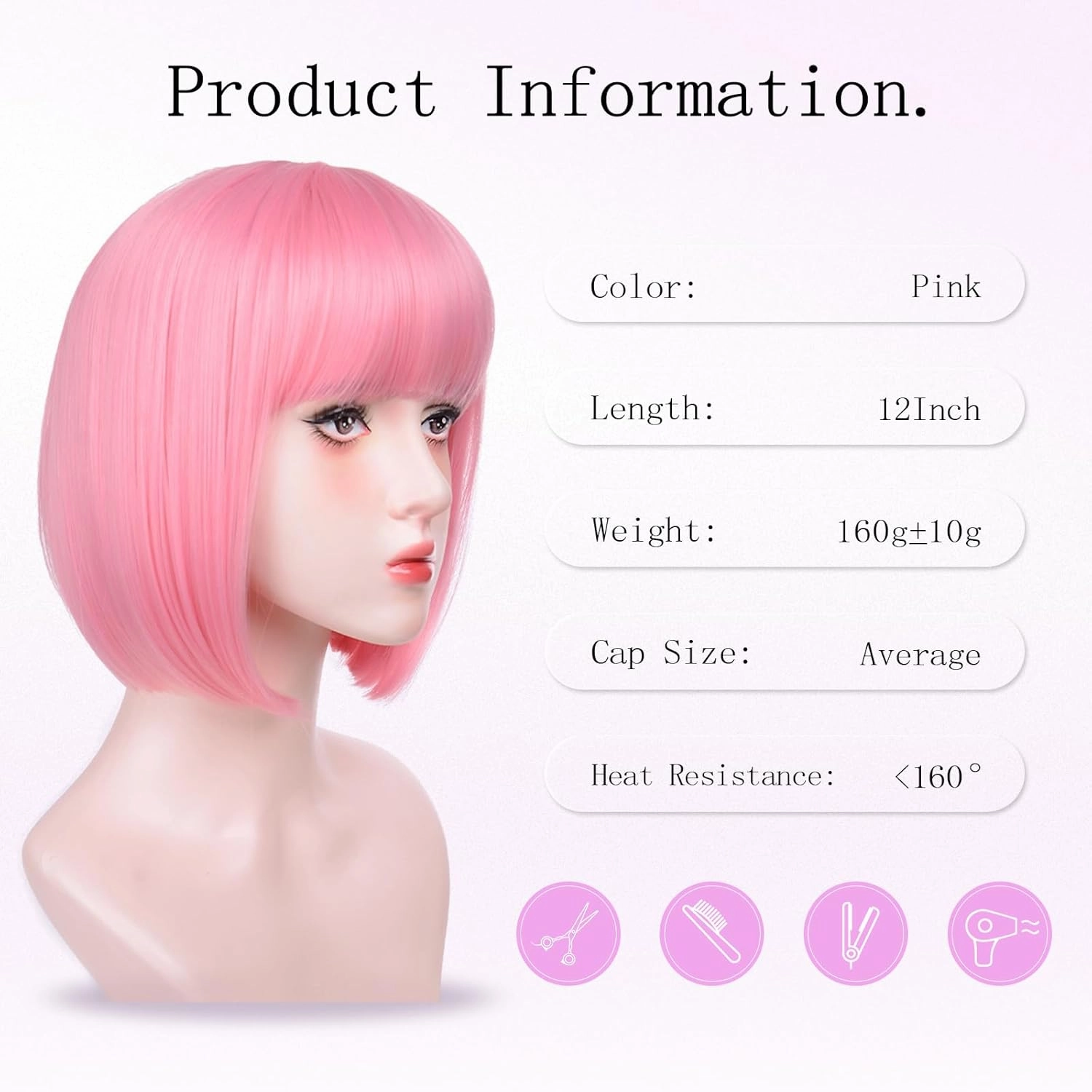 Pink Bob Wigs for White Women - 12'' Short Bob Wigs With Bangs Natural Fashion Synthetic Wig Colorful Synthetic Hair for Daily Cosplay Halloween