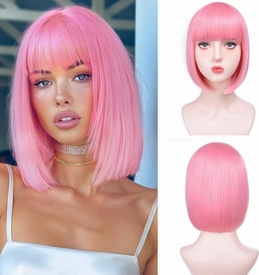 Pink Bob Wigs for White Women - 12'' Short Bob Wigs With Bangs Natural Fashion Synthetic Wig Colorful Synthetic Hair for Daily Cosplay Halloween