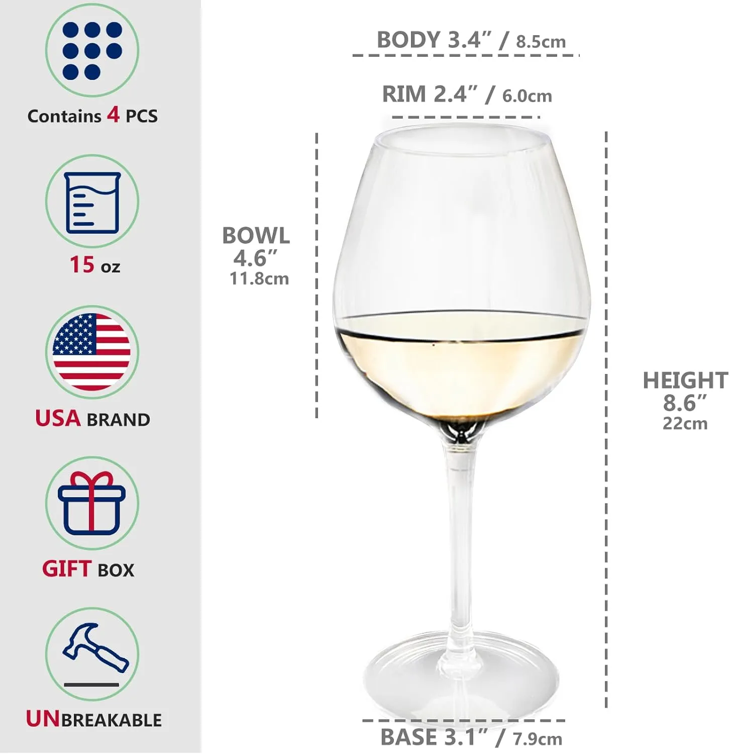 Plastic Wine Glasses Set of 4(15oz) |Unbreakable Wine Glasses with Stem|100% Tritan & BPA Free |Dishwasher Safe| Awesome For Pool, Beach, Travel, Pool, Camping, Beach, Picnic, Everyday Use.