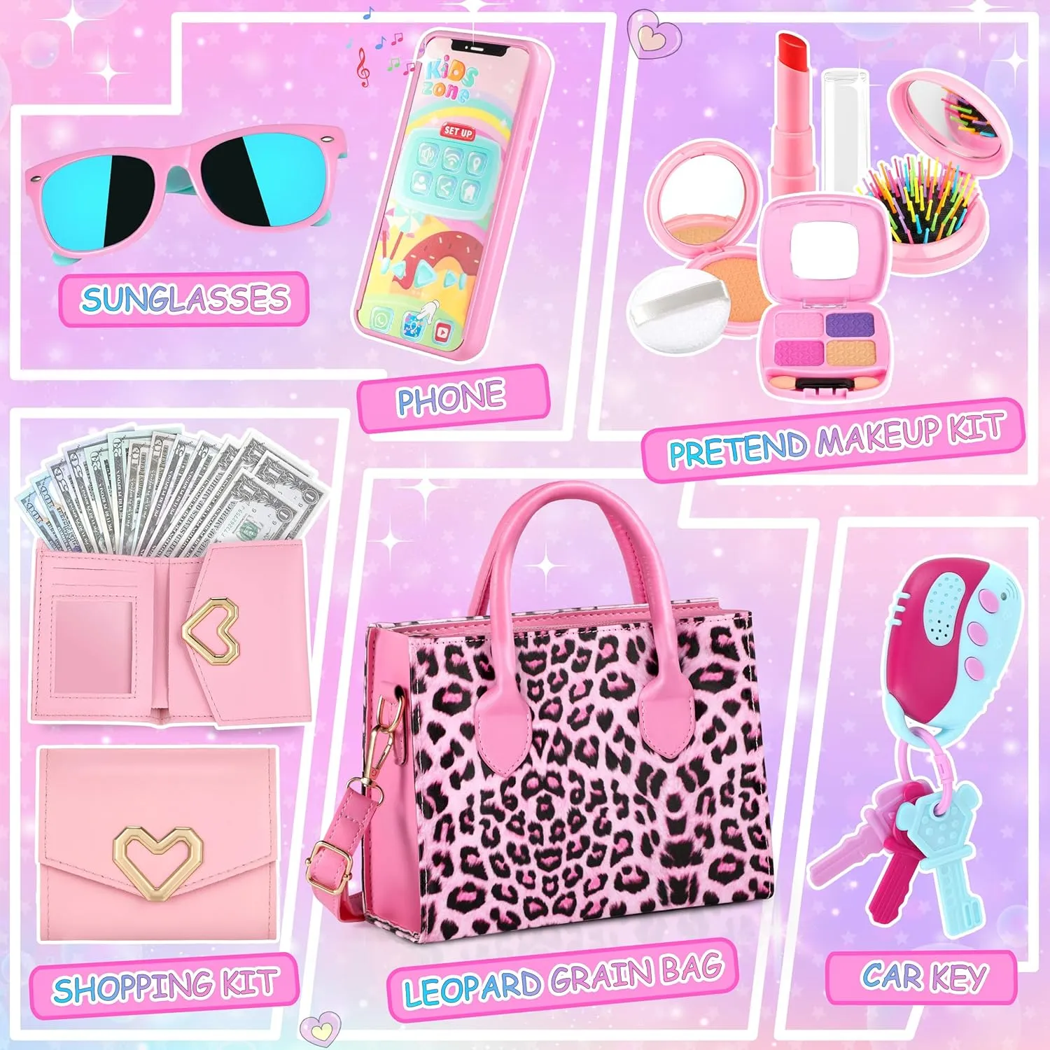Play Toddler Girls Purse, Toddler Girl Toys Age 3-5 4-5 6-8 Kids Toys Purse Set, Pretend Makeup Kit, Phone, Princess Pretend Play Girl Toys for 3 4 5 6 7 Year Old, Birthday Gifts for Girl Age 3-5