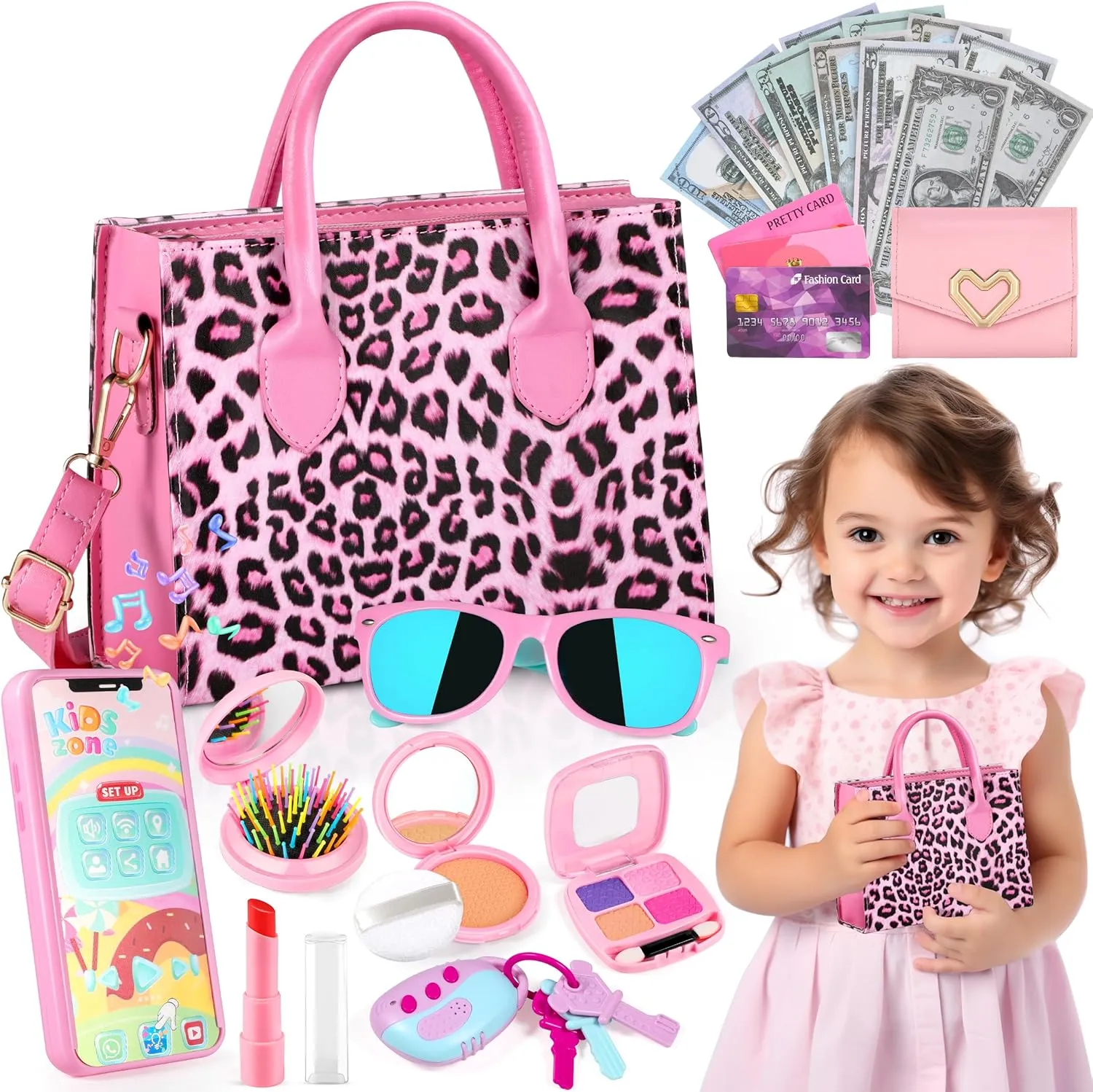 Play Toddler Girls Purse, Toddler Girl Toys Age 3-5 4-5 6-8 Kids Toys Purse Set, Pretend Makeup Kit, Phone, Princess Pretend Play Girl Toys for 3 4 5 6 7 Year Old, Birthday Gifts for Girl Age 3-5