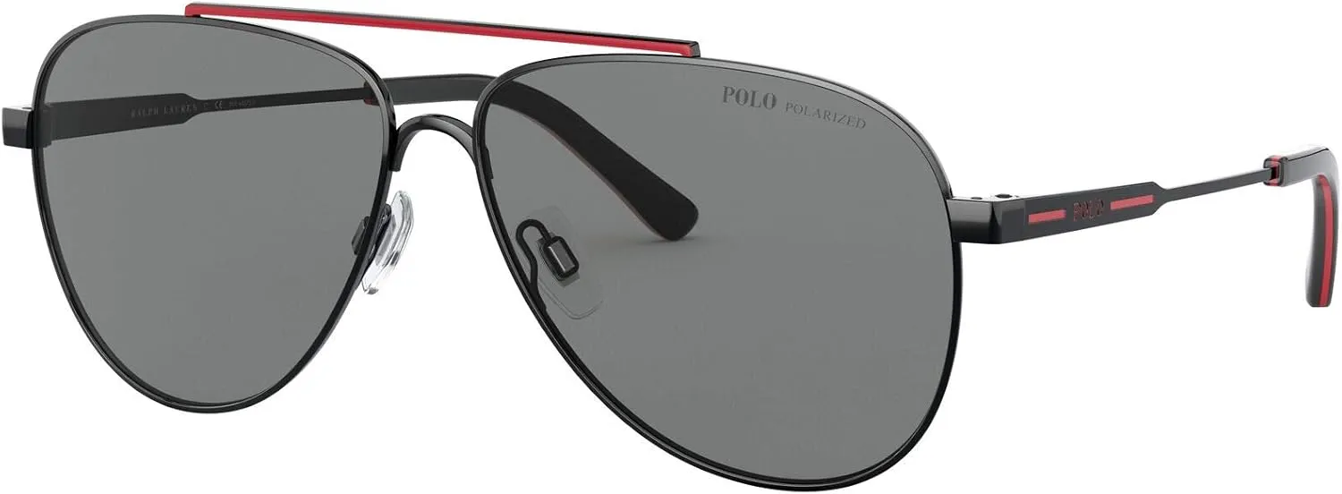 Polo Ralph Lauren Men's PH3126 Aviator Sunglasses, Shiny Black/Red/Polarized Grey, 60 mm