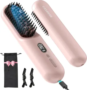 Portable Cordless Hair Straightener Brush for Travel,Mini Hair Straightener Comb with Negative Ion,Hair Straightener Brush Hot Comb for Women, Rechargeable 9600mAh Battery,12 Temp-Setting,Pink