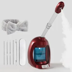 Portable Facial Steamer for Deep Cleaning - Nano Ionic Face Steamer for Home Spa, Esthetician, Professional Use (Red)