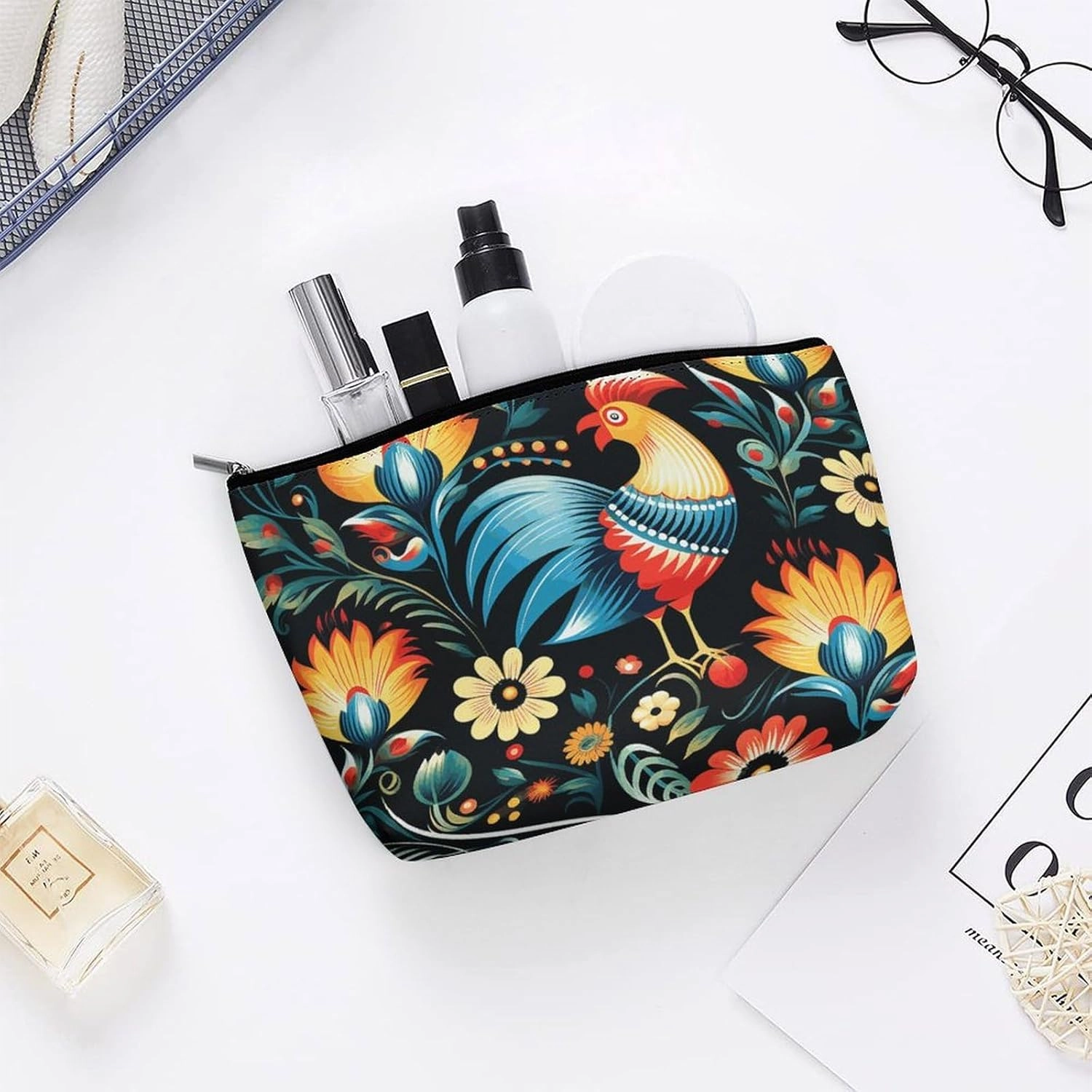 Portable Small Cosmetic Bag Cute Travel Makeup Bag Polish Folk Art Pattern Waterproof Toiletry Bag for Women