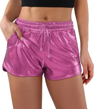 POSHDIVAH Metallic Shorts for Women Hot Sparkly Shiny Shorts with Elastic Drawstring