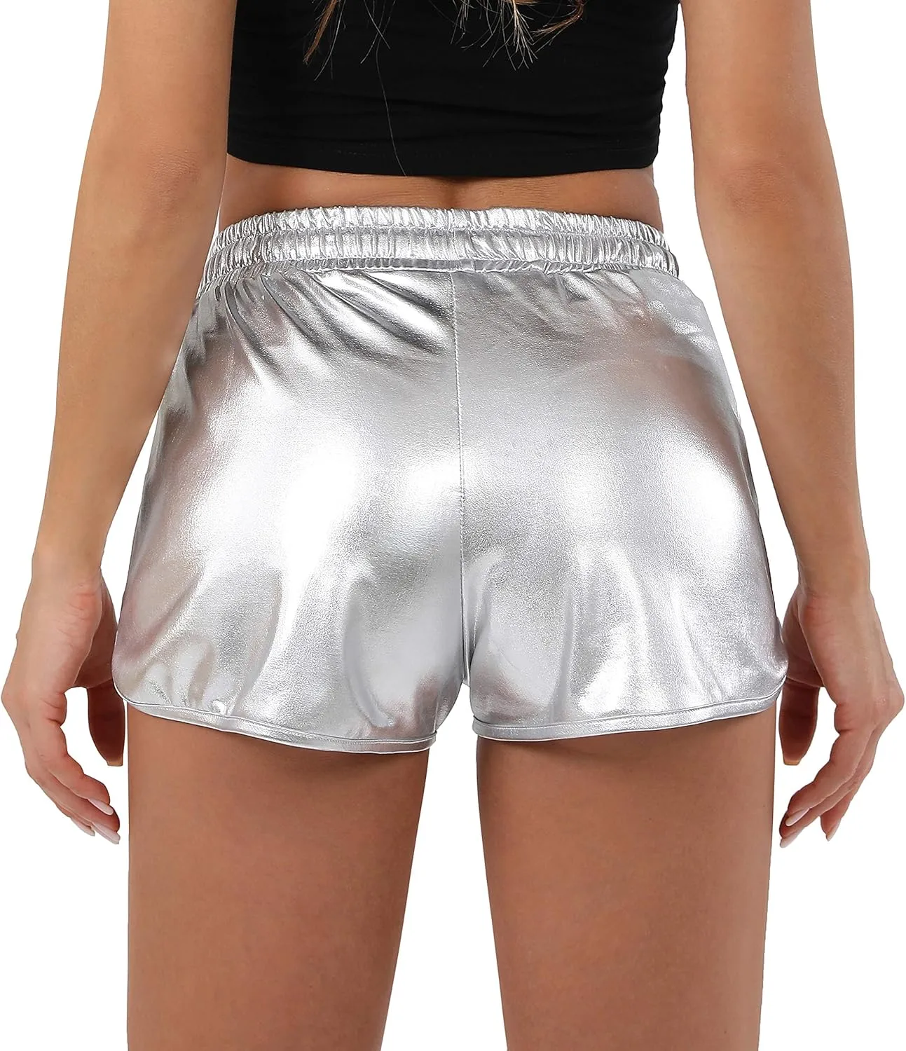 POSHDIVAH Metallic Shorts for Women Hot Sparkly Shiny Shorts with Elastic Drawstring