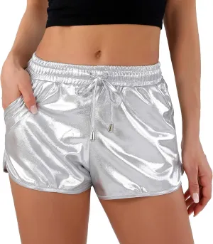 POSHDIVAH Metallic Shorts for Women Hot Sparkly Shiny Shorts with Elastic Drawstring