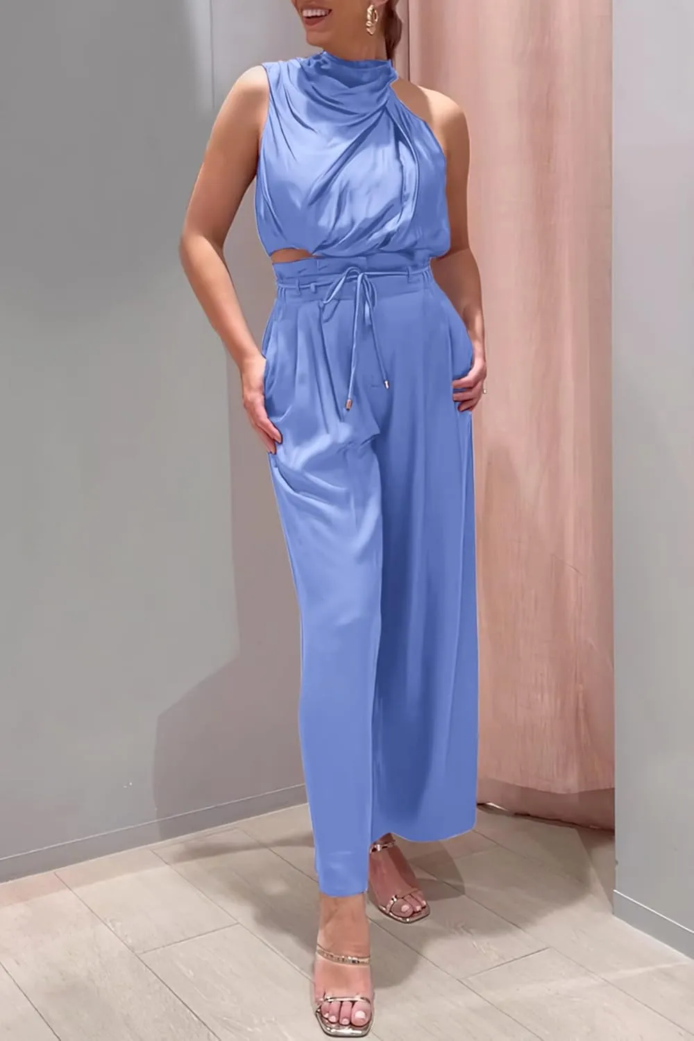PRETTYGARDEN Women's 2 Piece Outfits 2025 Summer Casual Sleeveless Mock Neck Crop Tops Wide Leg Pants Set