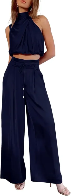 PRETTYGARDEN Women's 2 Piece Outfits 2025 Summer Casual Sleeveless Mock Neck Crop Tops Wide Leg Pants Set
