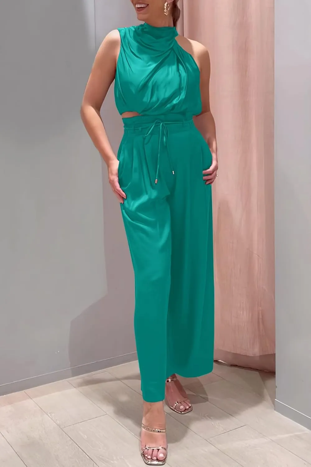 PRETTYGARDEN Women's 2 Piece Outfits 2025 Summer Casual Sleeveless Mock Neck Crop Tops Wide Leg Pants Set