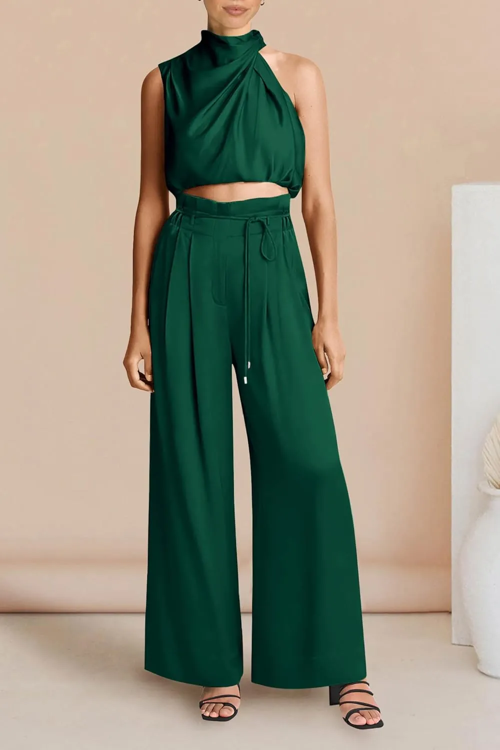 PRETTYGARDEN Women's 2 Piece Outfits 2025 Summer Casual Sleeveless Mock Neck Crop Tops Wide Leg Pants Set