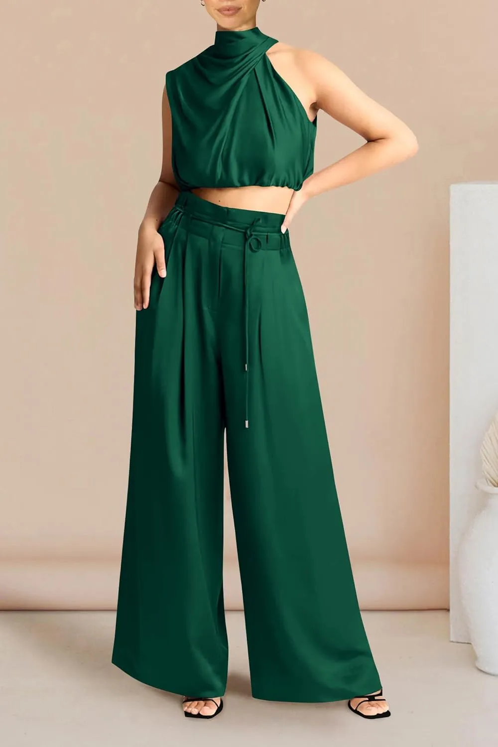 PRETTYGARDEN Women's 2 Piece Outfits 2025 Summer Casual Sleeveless Mock Neck Crop Tops Wide Leg Pants Set
