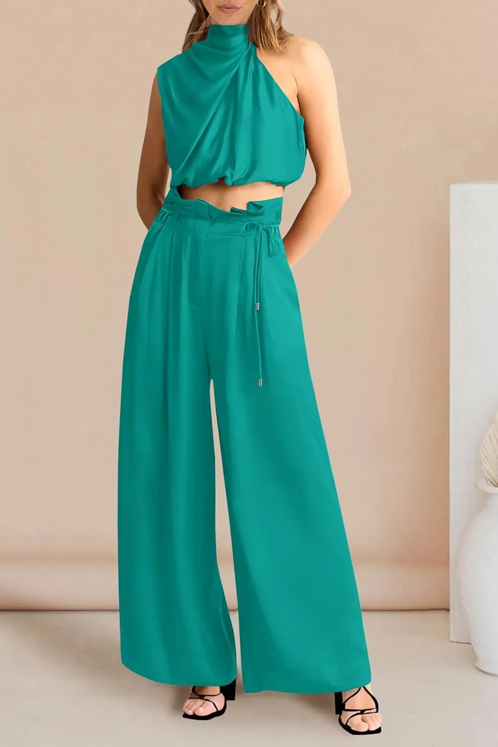 PRETTYGARDEN Women's 2 Piece Outfits 2025 Summer Casual Sleeveless Mock Neck Crop Tops Wide Leg Pants Set