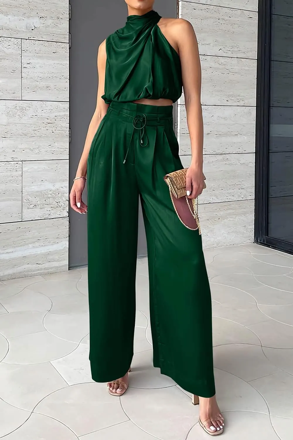 PRETTYGARDEN Women's 2 Piece Outfits 2025 Summer Casual Sleeveless Mock Neck Crop Tops Wide Leg Pants Set