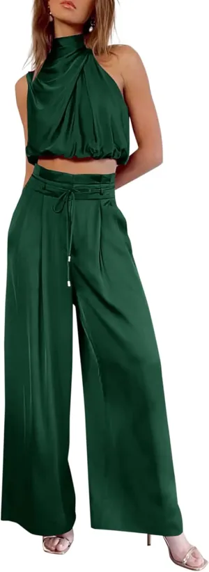 PRETTYGARDEN Women's 2 Piece Outfits 2025 Summer Casual Sleeveless Mock Neck Crop Tops Wide Leg Pants Set