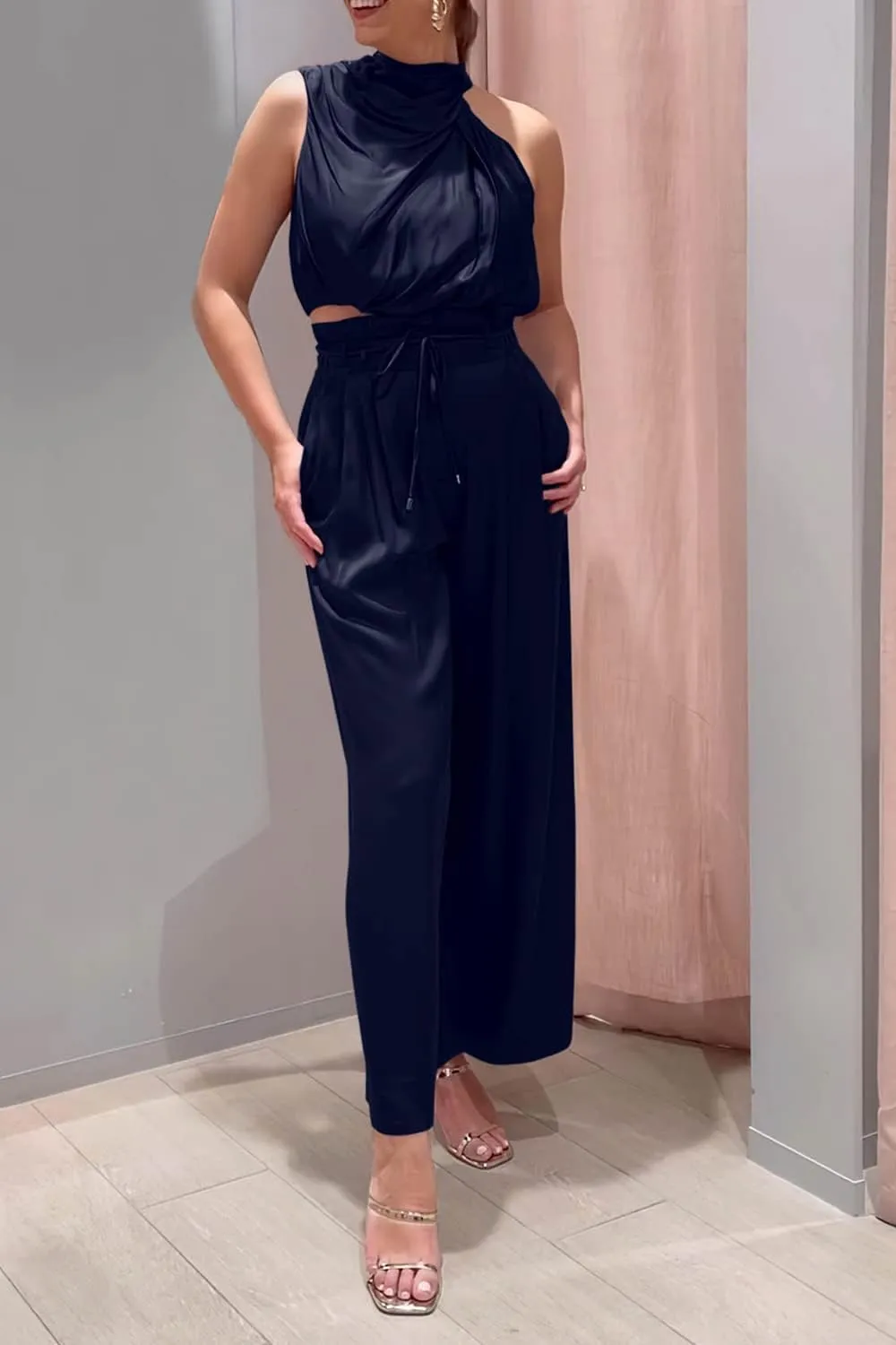 PRETTYGARDEN Women's 2 Piece Outfits 2025 Summer Casual Sleeveless Mock Neck Crop Tops Wide Leg Pants Set