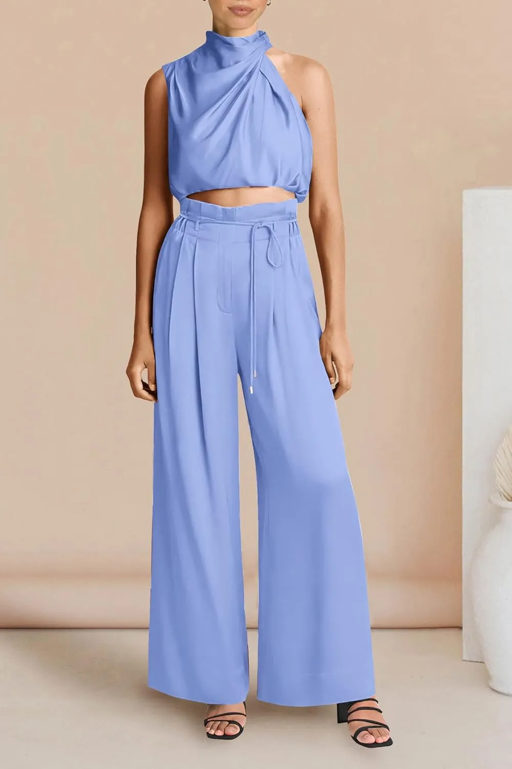 PRETTYGARDEN Women's 2 Piece Outfits 2025 Summer Casual Sleeveless Mock Neck Crop Tops Wide Leg Pants Set