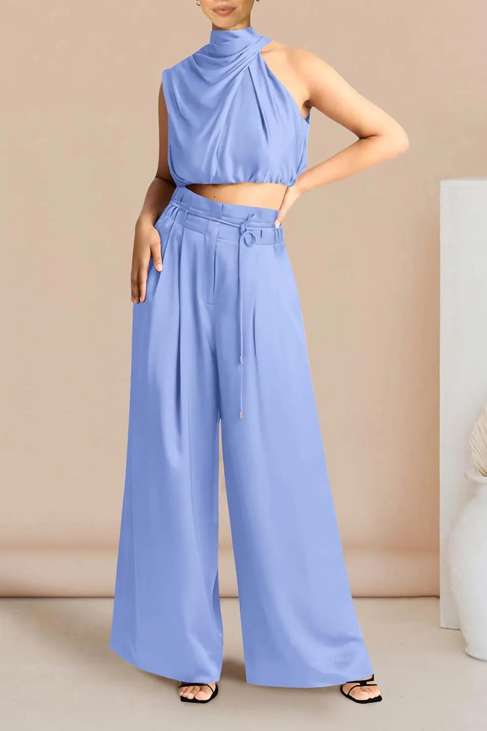 PRETTYGARDEN Women's 2 Piece Outfits 2025 Summer Casual Sleeveless Mock Neck Crop Tops Wide Leg Pants Set