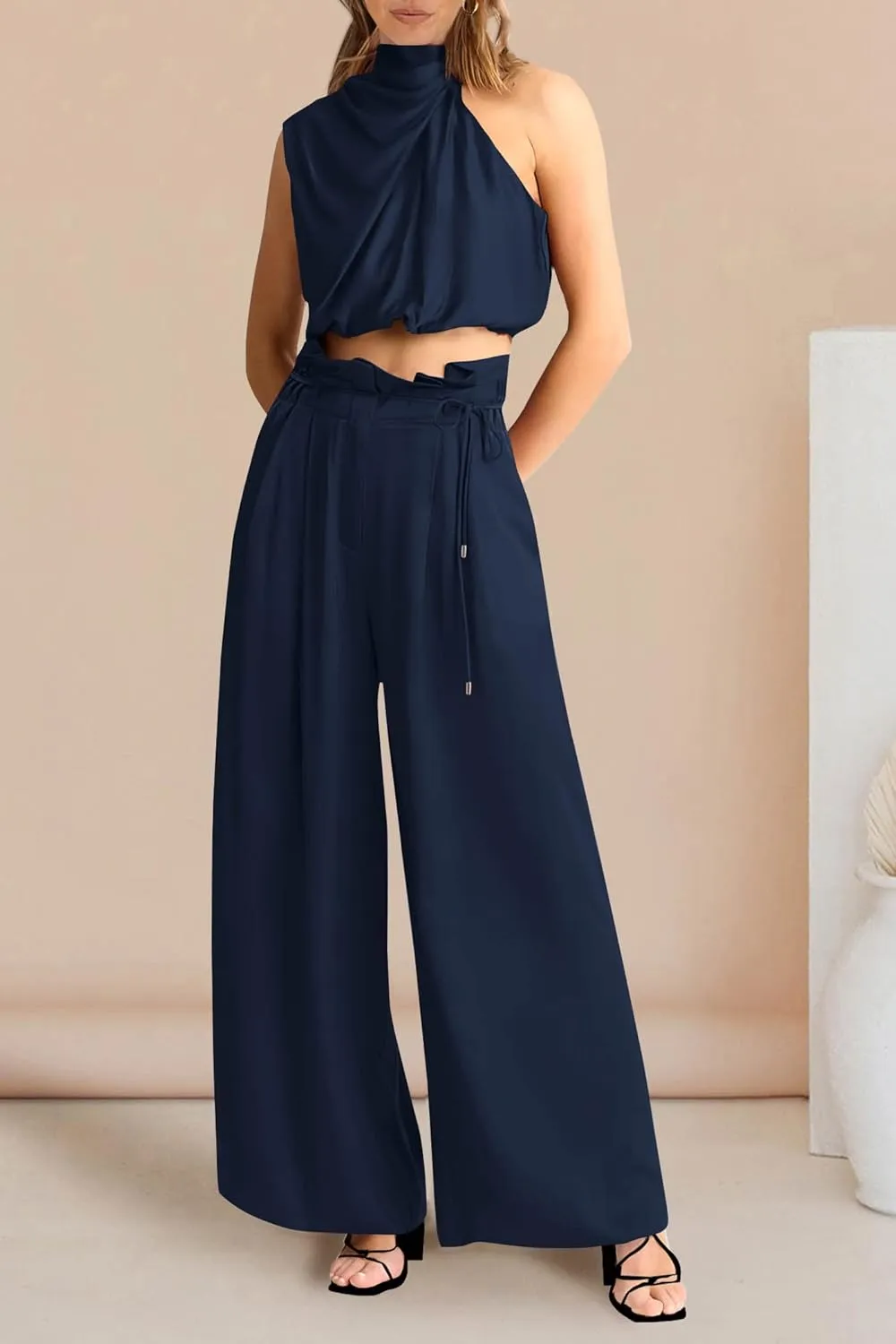 PRETTYGARDEN Women's 2 Piece Outfits 2025 Summer Casual Sleeveless Mock Neck Crop Tops Wide Leg Pants Set