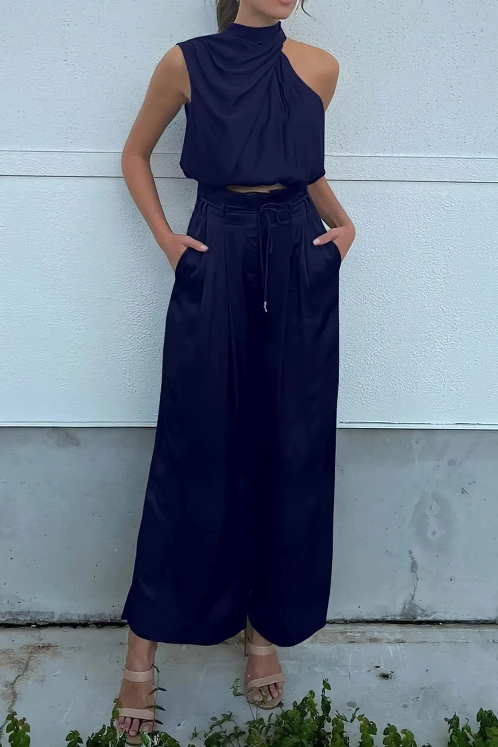 PRETTYGARDEN Women's 2 Piece Outfits 2025 Summer Casual Sleeveless Mock Neck Crop Tops Wide Leg Pants Set