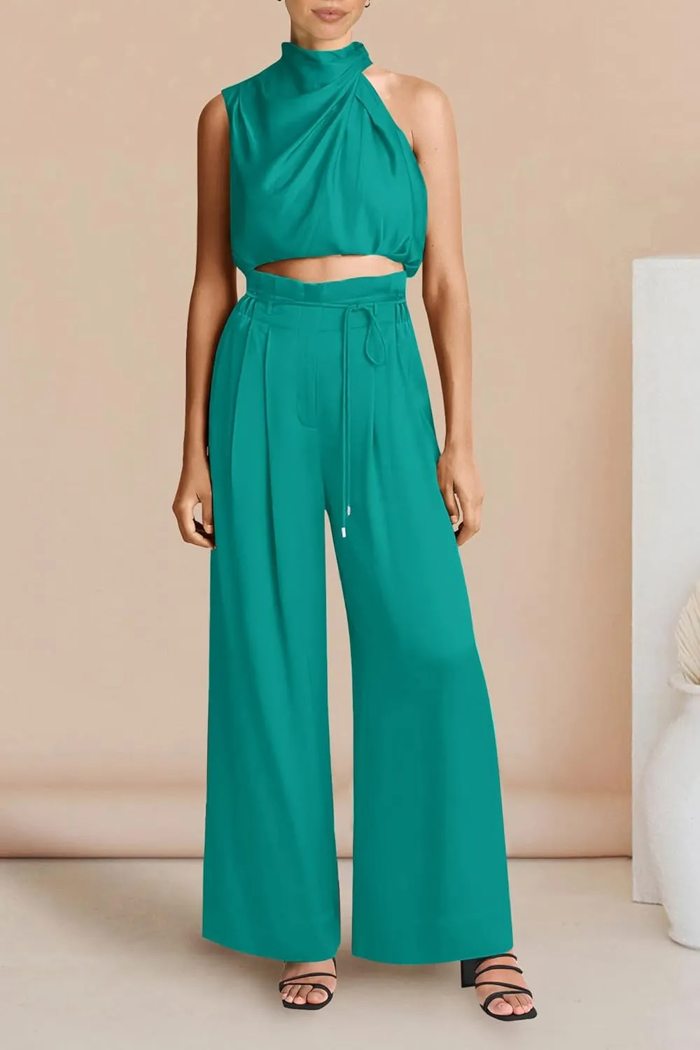 PRETTYGARDEN Women's 2 Piece Outfits 2025 Summer Casual Sleeveless Mock Neck Crop Tops Wide Leg Pants Set