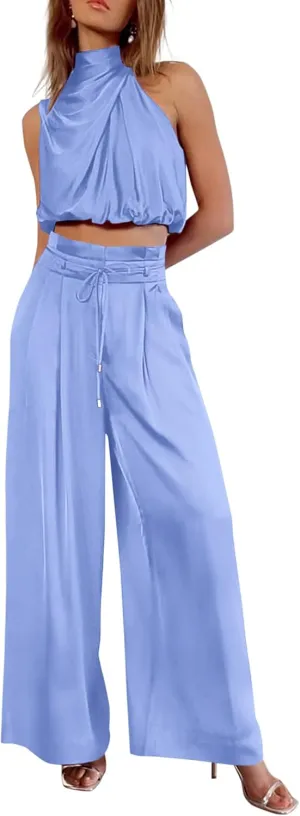 PRETTYGARDEN Women's 2 Piece Outfits 2025 Summer Casual Sleeveless Mock Neck Crop Tops Wide Leg Pants Set