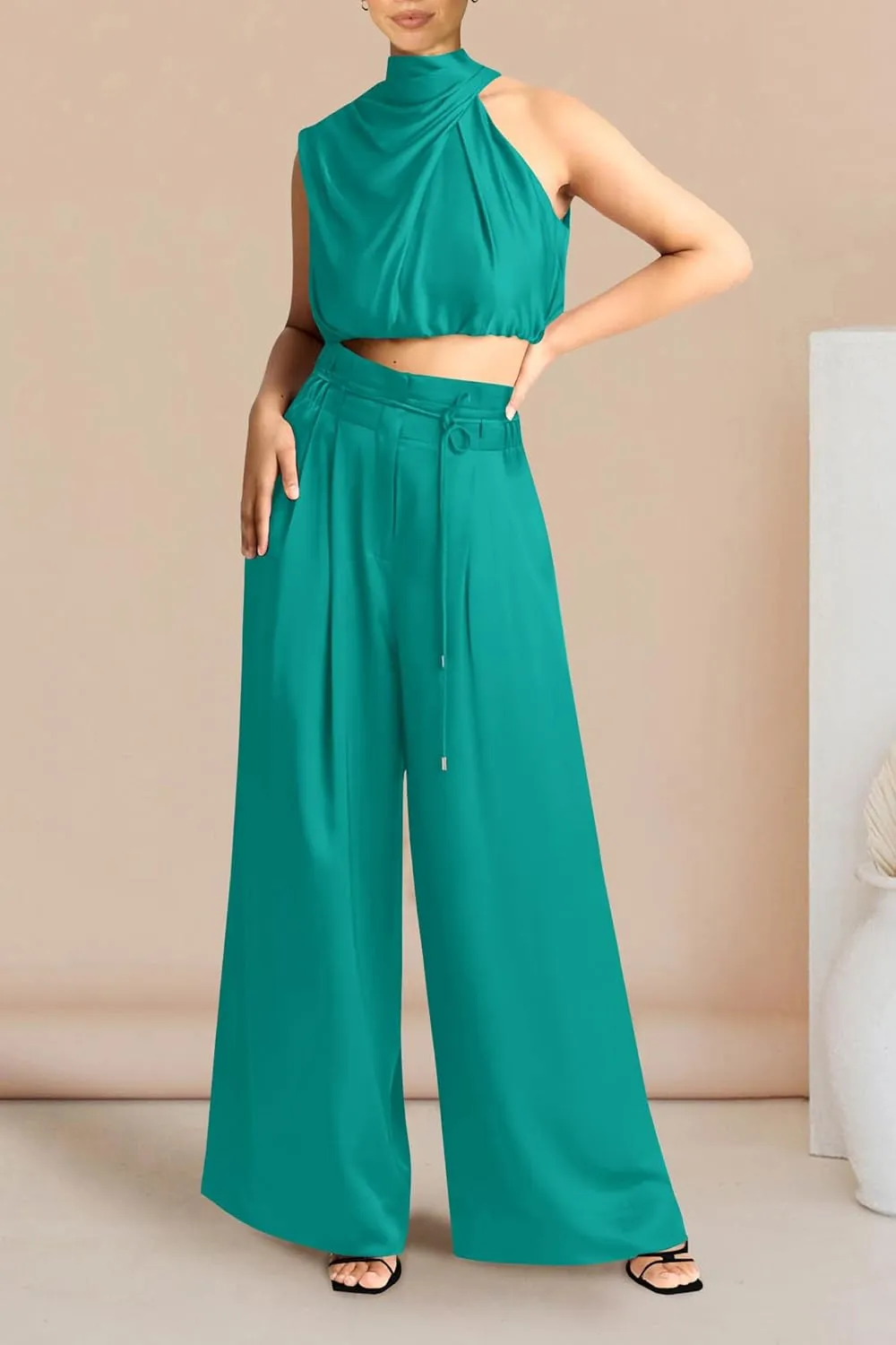 PRETTYGARDEN Women's 2 Piece Outfits 2025 Summer Casual Sleeveless Mock Neck Crop Tops Wide Leg Pants Set