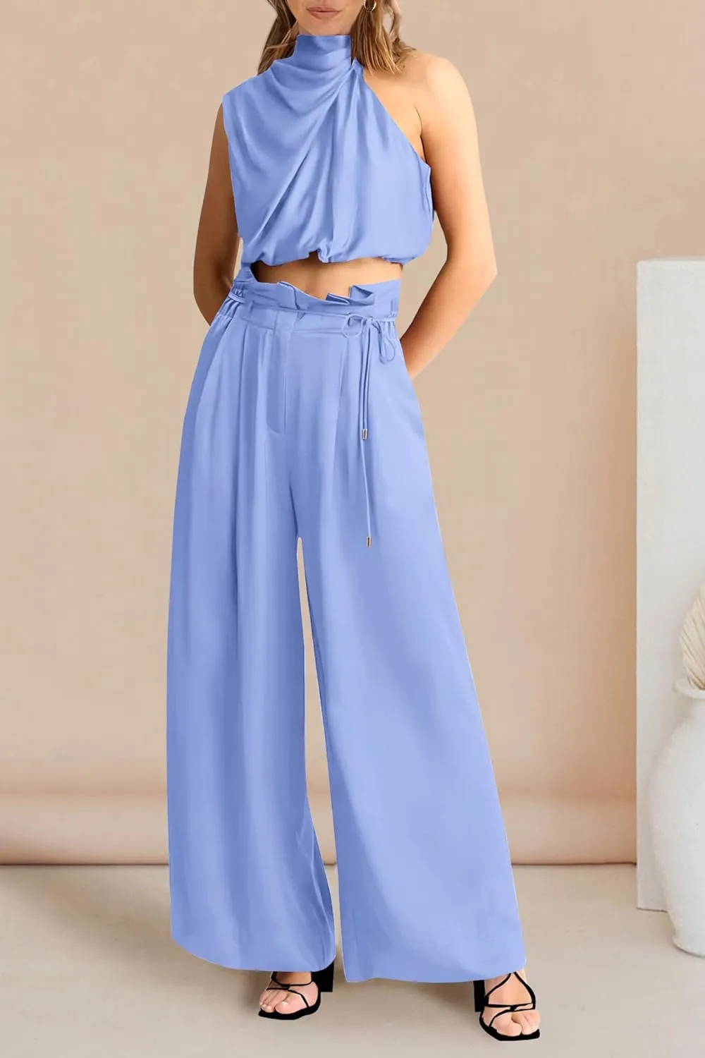 PRETTYGARDEN Women's 2 Piece Outfits 2025 Summer Casual Sleeveless Mock Neck Crop Tops Wide Leg Pants Set