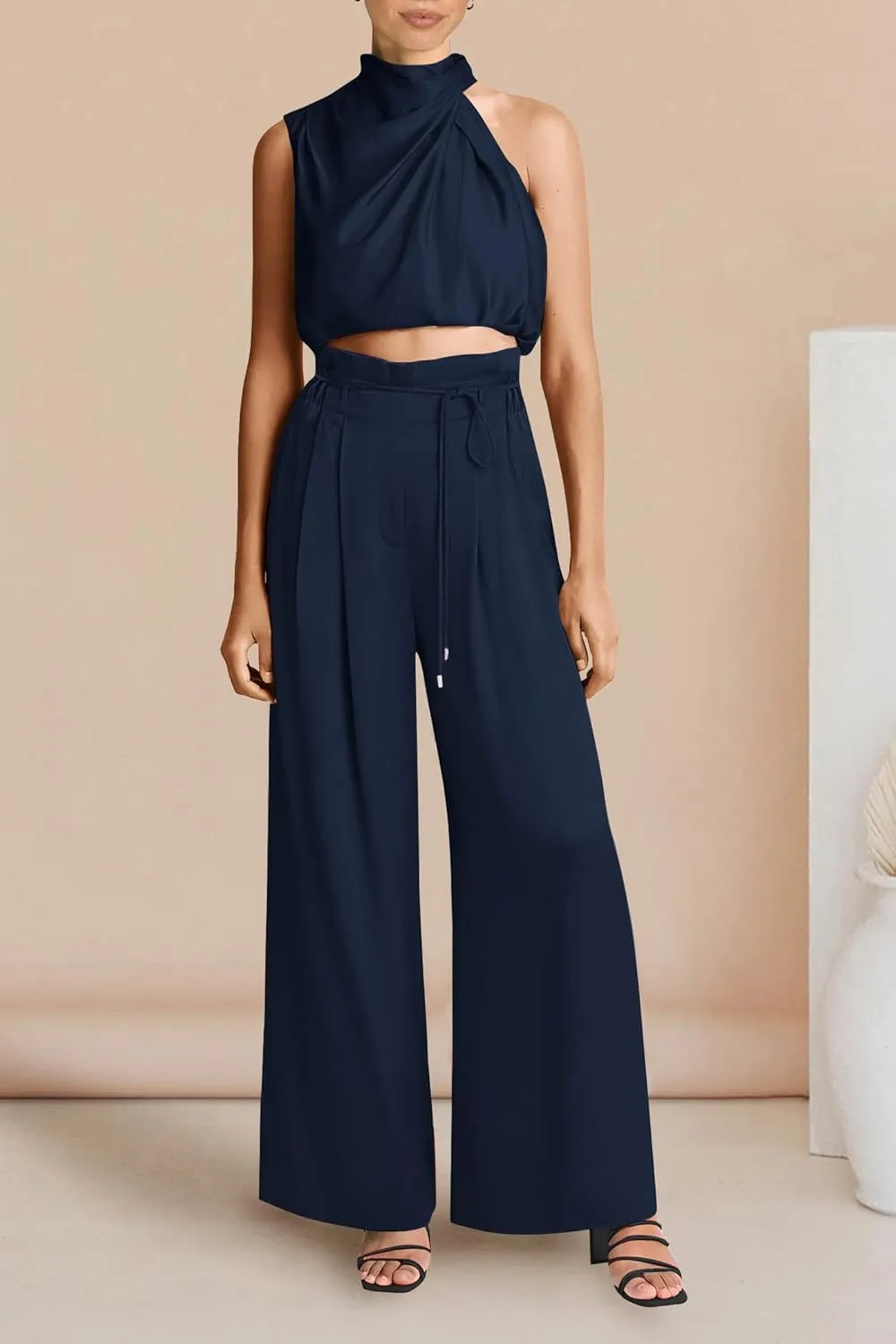 PRETTYGARDEN Women's 2 Piece Outfits 2025 Summer Casual Sleeveless Mock Neck Crop Tops Wide Leg Pants Set