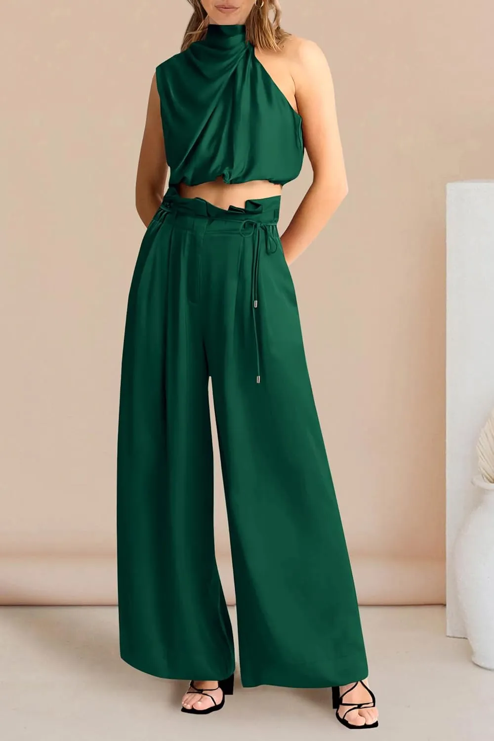 PRETTYGARDEN Women's 2 Piece Outfits 2025 Summer Casual Sleeveless Mock Neck Crop Tops Wide Leg Pants Set