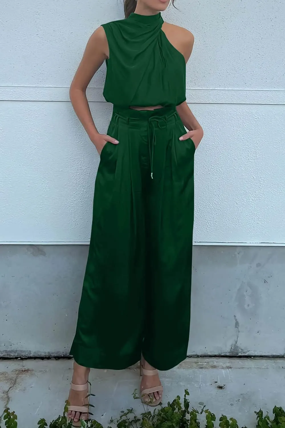 PRETTYGARDEN Women's 2 Piece Outfits 2025 Summer Casual Sleeveless Mock Neck Crop Tops Wide Leg Pants Set