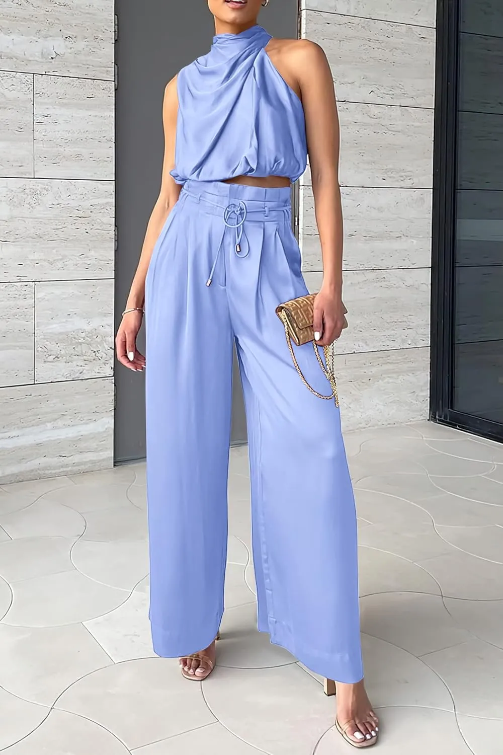 PRETTYGARDEN Women's 2 Piece Outfits 2025 Summer Casual Sleeveless Mock Neck Crop Tops Wide Leg Pants Set